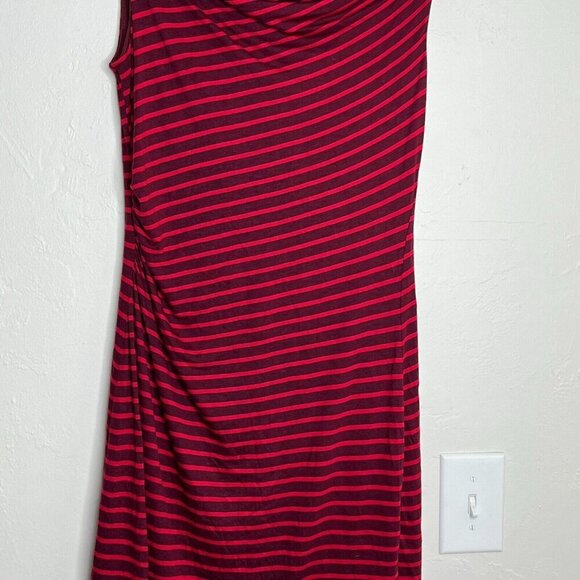 LOFT Ann Taylor Bodycon Ruched Side Dress Tencel Blend Red Navy Stripe Medium - Picture 3 of 10